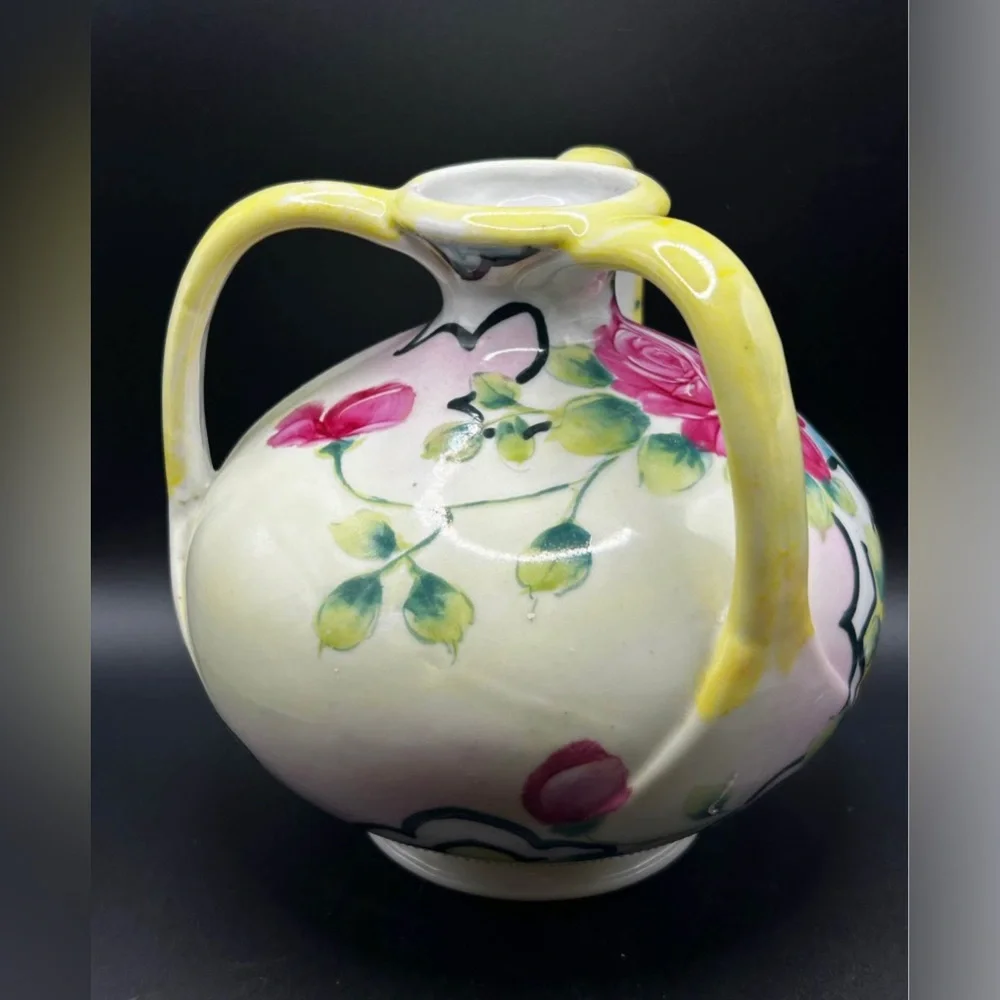 Vintage Trademarked Hand Painted Floral Ceramic Three Handled Vase, Cottagecore - Picture 3 of 9
